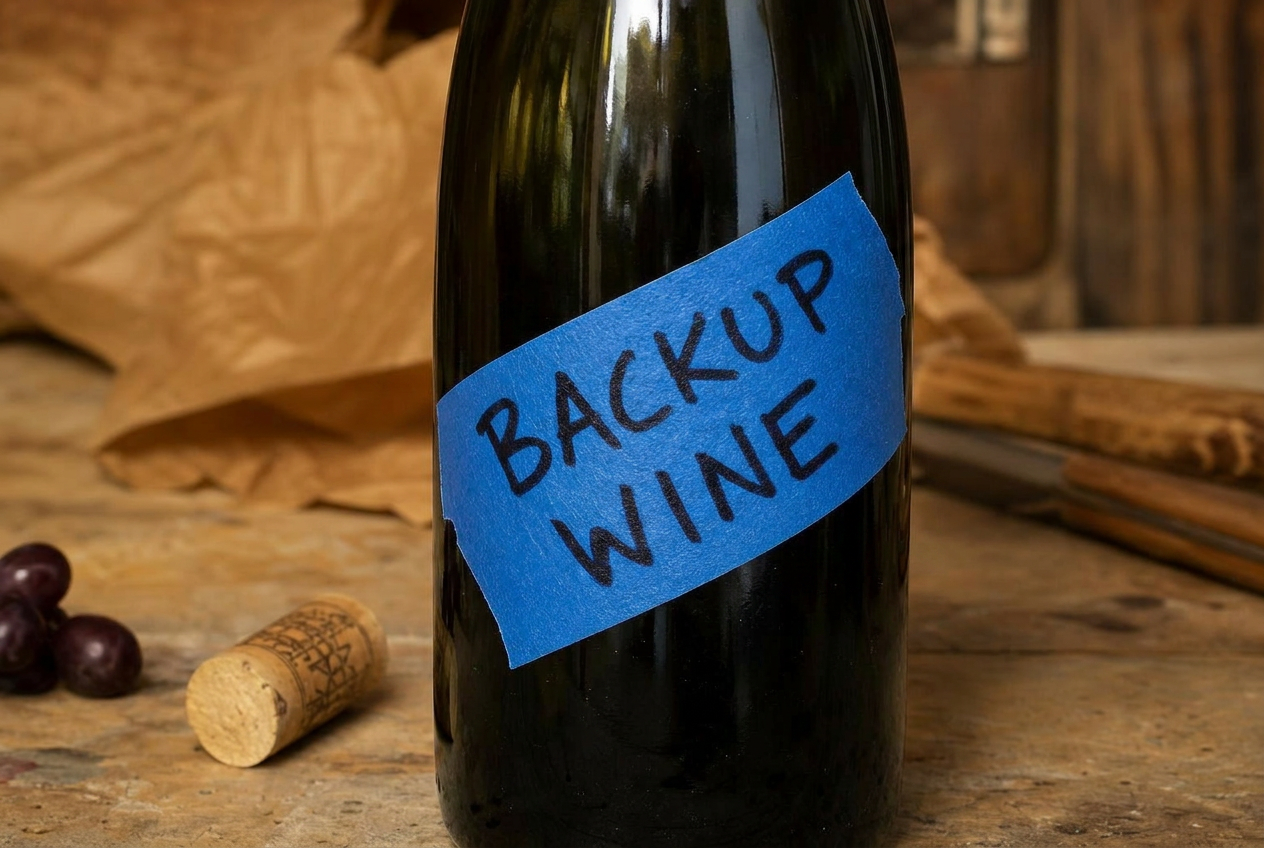 Wine bottle with a strip of blue painters tape labeled BACKUP WINE in black sharpie