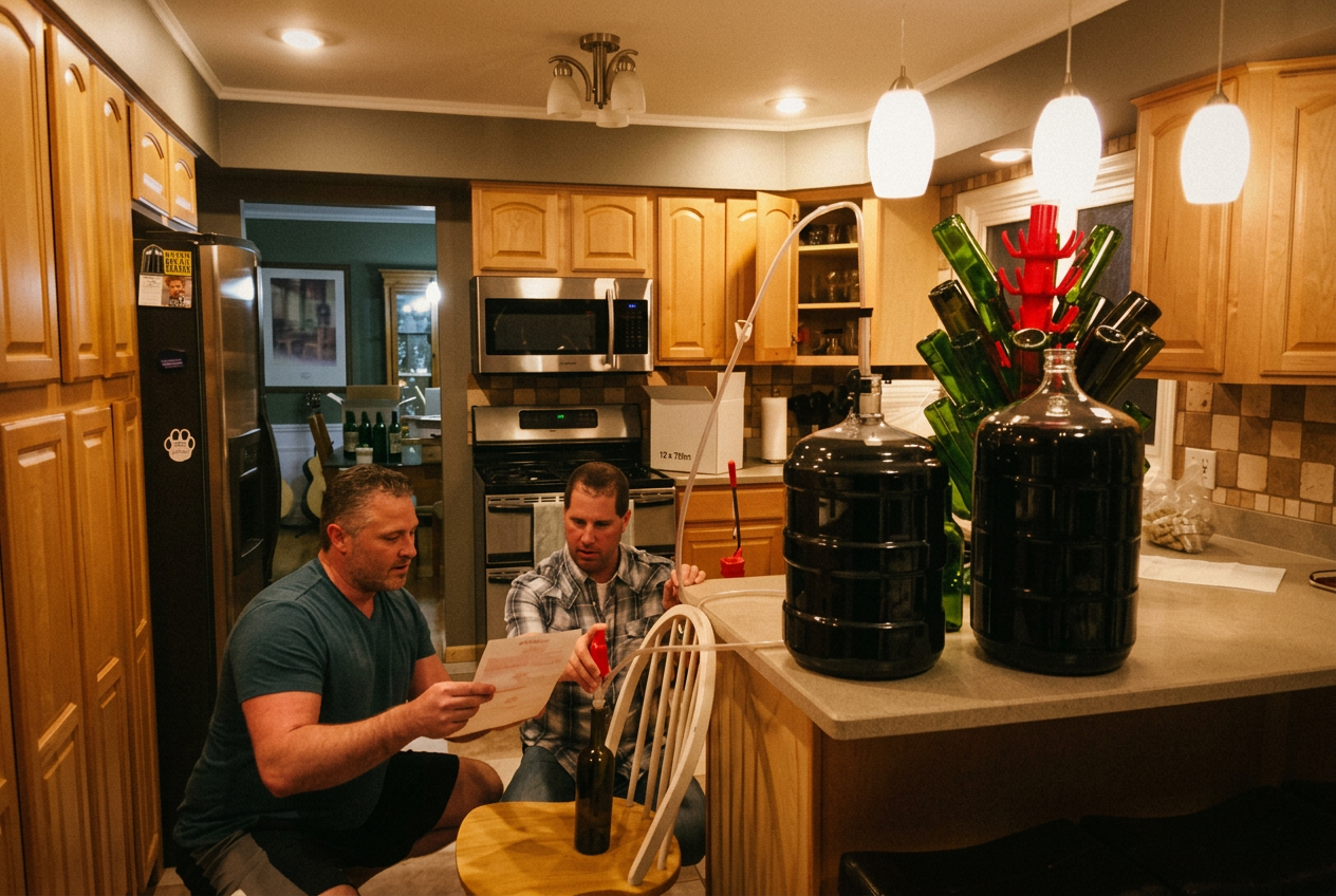 Russ (left, teal t-shirt) and Todd (right, plaid) bottling their first homemade wine at the kitchen island in 2016